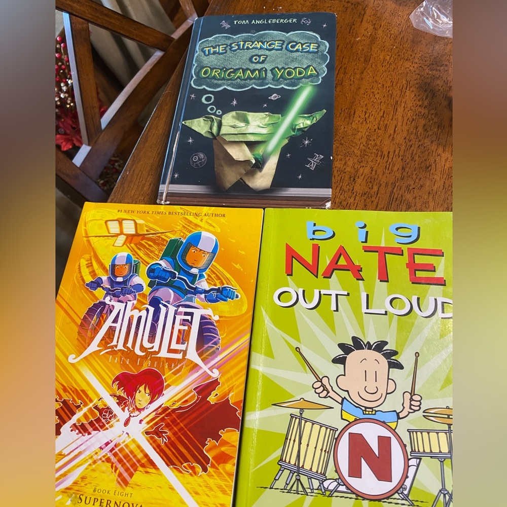 Big Nate out Loud Preteen/teen books.  Amulet. The strange case of origami Yoda.